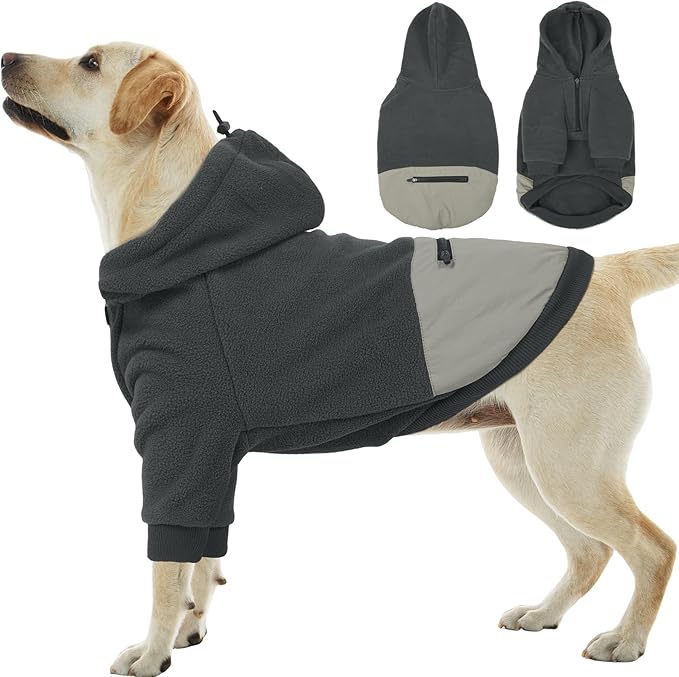 Nanaki Dog Hoodies for Large Dogs Sweatshirt with Pocket-Warm Fleece, Long Sleeves Adjustable Zip Collar-Comfort Pet Sweater for Labrador, Large Sweatshirt Winter Coat for Fall Winter Spring Grey 2XL