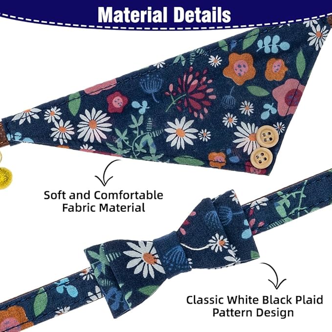 EXPAWLORER Dog Collar and Leash Set - Classic Plaid Dog Bow Tie and Dog Bandana Collar with Bell, Dog Leash Tangle Free, Adjustable Collars for Small Medium Dogs, Holiday Ideal Gift, Flower SM