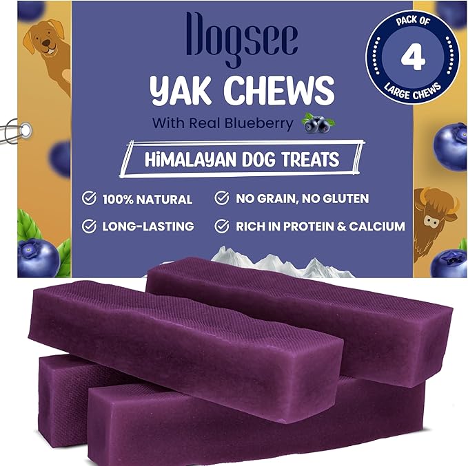 Dogsee Blueberry Flavor Himalayan Yak Cheese Dental Chews for Dogs - (Large 4)| Dog Treats Healthy | Cleans Teeth & Freshens Breath | No Grain, No Gluten | Dog Chews Rawhide Free