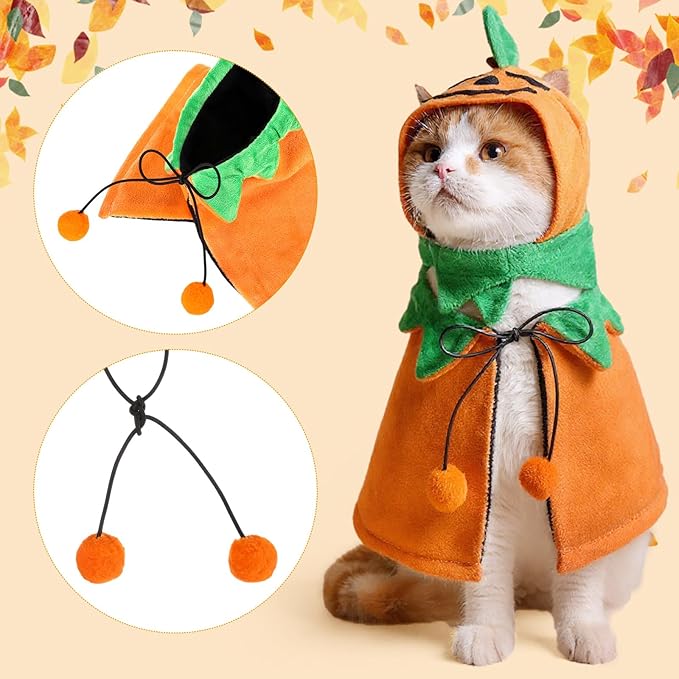 Huhumy 2 Sets Pet Pumpkin Costume Cat Halloween Cloak Hat Set for Dog Cat Halloween Costumes Pumpkin Hat for Dogs Puppy Poncho Small Medium Pets Cosplay (Cute)
