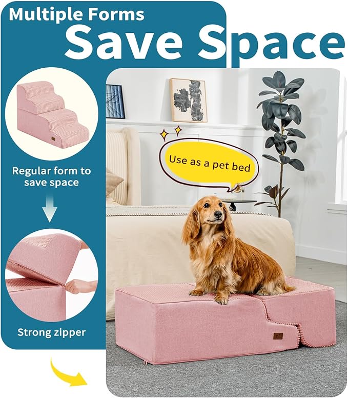 ABCPET Dog Step for Bed, Dog Stair 4-Step 35D Pet Stair 19.7" H for High Bed or Sofa Non-Slip Balanced Pet Step Indoor, Pink