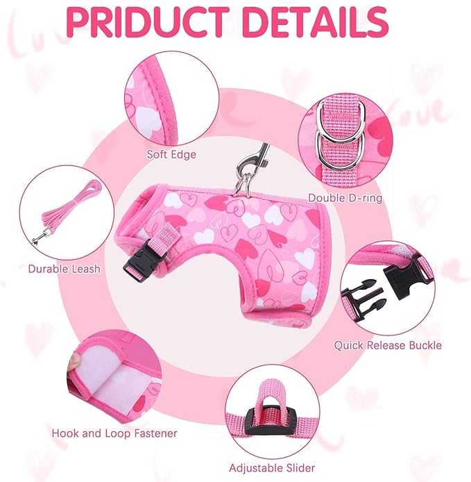 BINGPET Cat Harness and Leash Set Escape Proof for Walking,Step-in Harness with Lightweight Soft Breathable Mesh,Adjustable Easy Control Harness for Kitten Puppy Small Medium Large Cats(Heart,L)