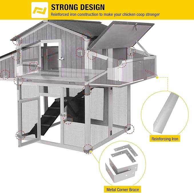 Large Chicken Coop, Wooden Chicken Coops with Nesting Boxes and Removable Tray, Waterproof Hen House with Asphalt Roof, Poultry Cage for Outdoor Backyard, Unique Folding Design