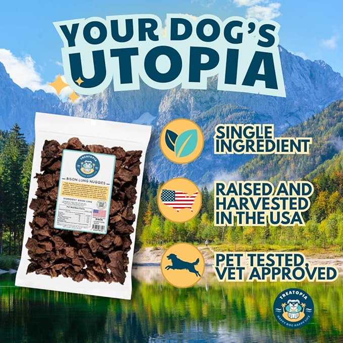 TREATOPIA Bison Lung Nuggies Bites Dog Treats - All-Natural, Sustainable, Healthy, Premium High Protein, Hand-Trimmed, Slow-Roasted, Made in The USA, Nutritious, No Additives, No Fillers