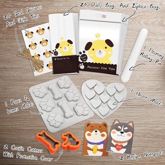 55 Pcs Dog Treat Maker, Make Your Own Dog Treats Kit for Kids, Including 2 Cookie Cutters and Mold, 2 Recipes Book, 24 Bags, etc.