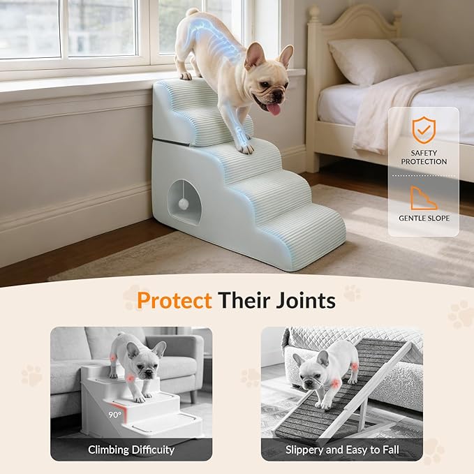 Dog Stairs for High Beds Up to 30" H with Tunnel,Extra Height 27.5" 5-Step Pet Steps for Small Dogs and Cats, Non-Slip Sturdy Dog Ramp with Anti-Tip Safety Strap and Removable Cover