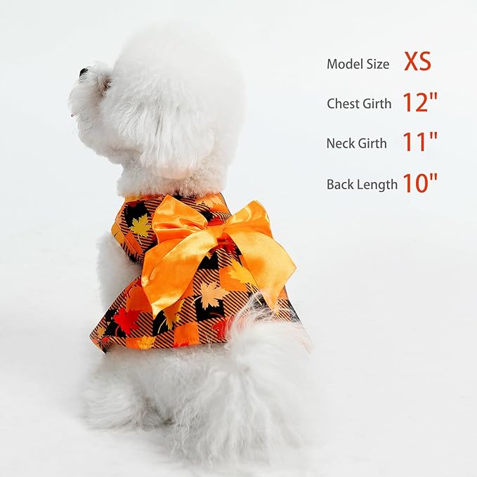 PUPTECK Plaid Dog Dress Pet Apparel for Autumn with Cute Bowtie Puppy Clothes Outfit, Maple Leaf, XS