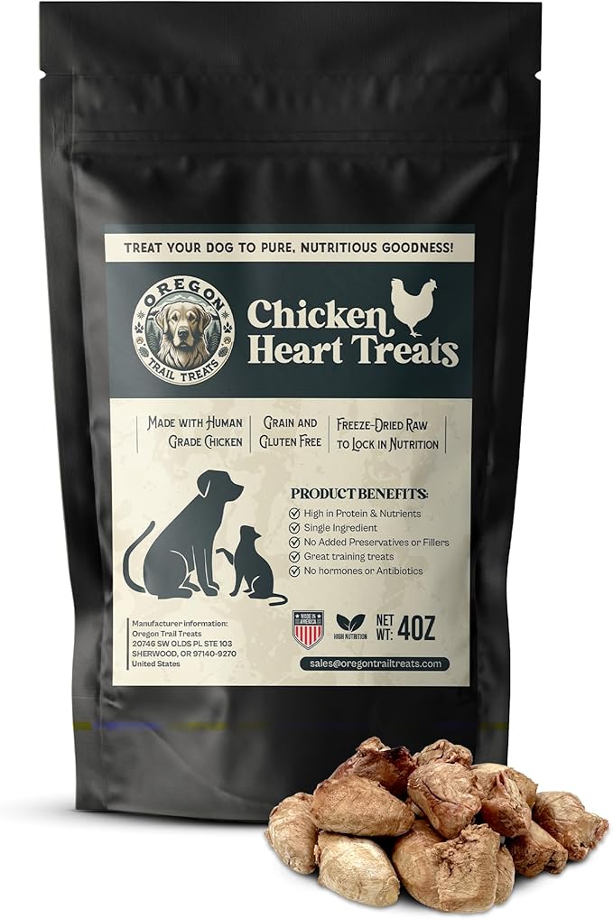 Oregon Trail Treats Freeze Dried Chicken Hearts 4oz - Premium Single Ingredient Cat & Dog Chicken Treats - No Preservatives, Zero Gluten or Grain - Made in The USA