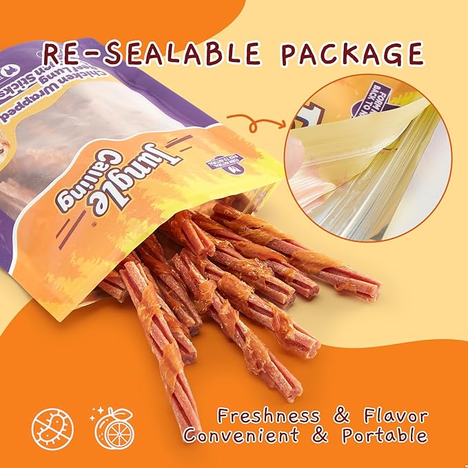 Jungle Calling 22 Count Beef Collagen Sticks, Long Lasting Dog Chews, Chicken Wrapped Treats, Rawhide Alternative for Small Medium Large Dogs, Dental Health, Beef Lung Flavored Bones,14.1 oz
