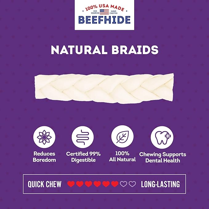 USA Beefhide Braids 7-8" Dog Chew Treats - Natural Flavor, 7 Count/2 Pack