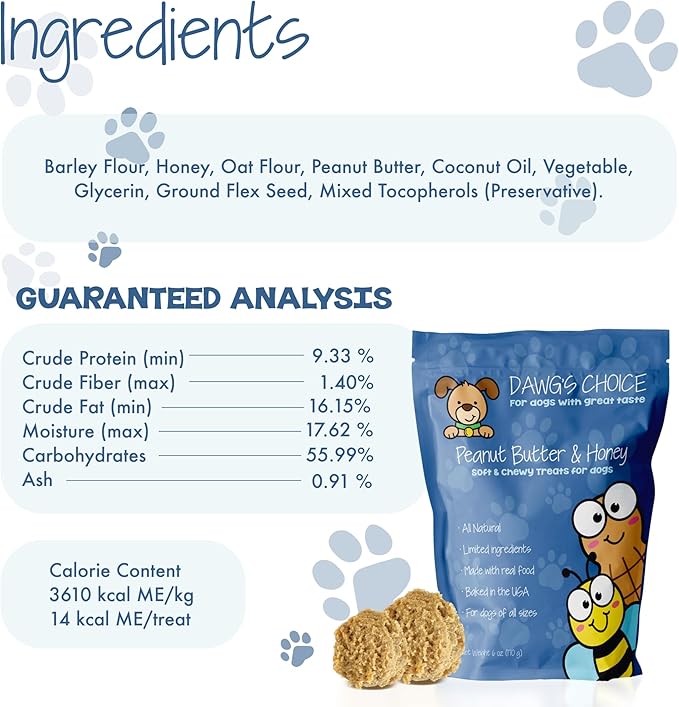 DAWG'S CHOICE Soft & Chewy Dog Treats, Peanut Butter & Honey Snacks for Dogs, Dog Treats Made in USA, Human Grade, All-Natural Ingredients, High Value Training Treats, for Small, Medium & Large Dogs