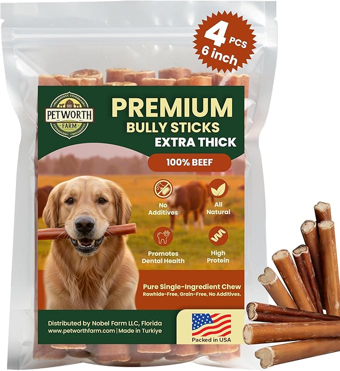 4 Pack 6 Inch Jumbo Bully Sticks for Large Dogs – 100% Beef Pizzle, Single Ingredient Rawhide-Free Dental Chews, Long Lasting Natural Dog Treats for Power Chewers