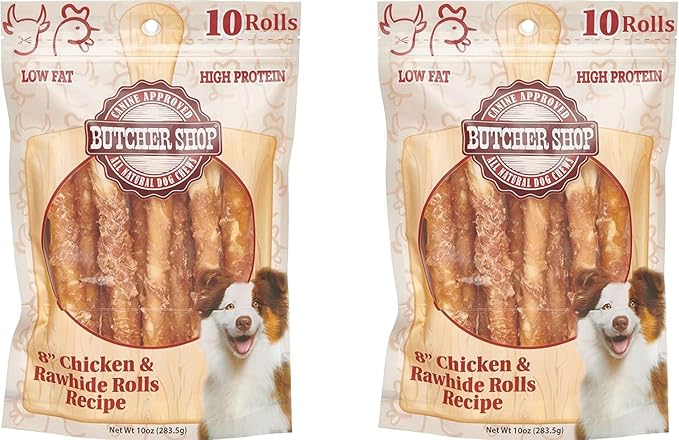 Butcher Shop 8” Chicken & Rawhide Rolls Dog Treats (2 Pack - 20 Rolls)
