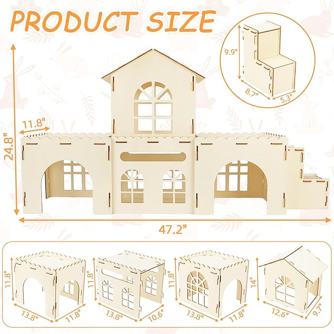 BWOGUE Extra Large Wooden Rabbit Hideout Castle, Detachable Bunny Castle for Rabbits Chinchillas Guinea Pigs, Sturdy Bunny Play House Indoor with Stairs, Small Animal Play Hideaway Hutch