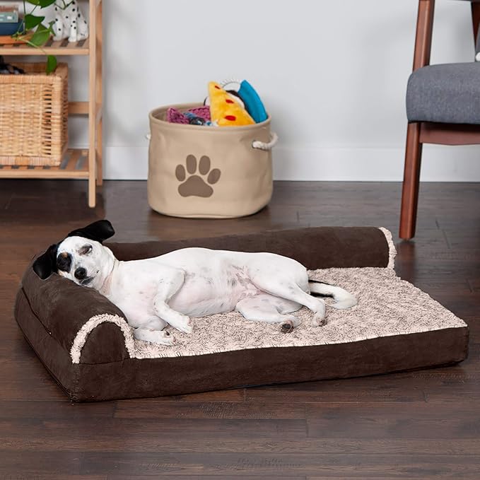 Furhaven Memory Foam Dog Bed for Medium/Small Dogs w/ Removable Bolsters & Washable Cover, For Dogs Up to 35 lbs - Two-Tone Plush Faux Fur & Suede L Shaped Chaise - Espresso, Medium