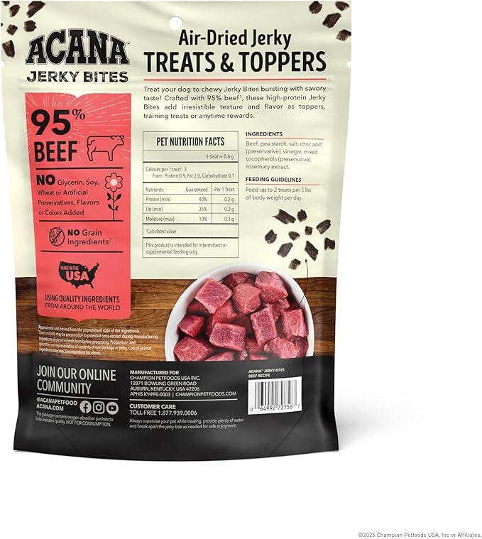 ACANA Jerky Bites Dog Treats Beef Recipe, 6oz Bag