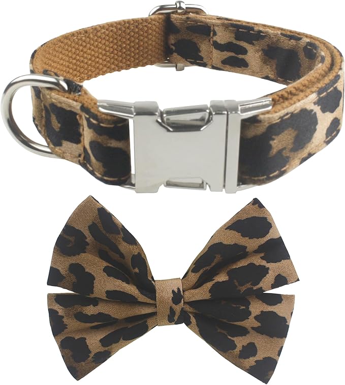 YOY Soft Comfortable Adjustable Leopard Print Pet Collar with Bowtie, Heavy Duty Dog Collar and Leash Set for Small Medium Large Dogs Cats, Puppy Grooming Doggy Accessories, Length 18" - 26"