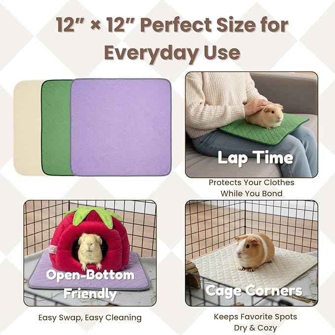 3 Pack Guinea Pig Pad 12” x 12” | Washable & Reusable Guinea Pig Cage Liner, 4-Layer Absorbent Pee Pad with Waterproof TPU & Anti-Slip Bottom | Soft Fleece Bedding for Guinea Pigs-White