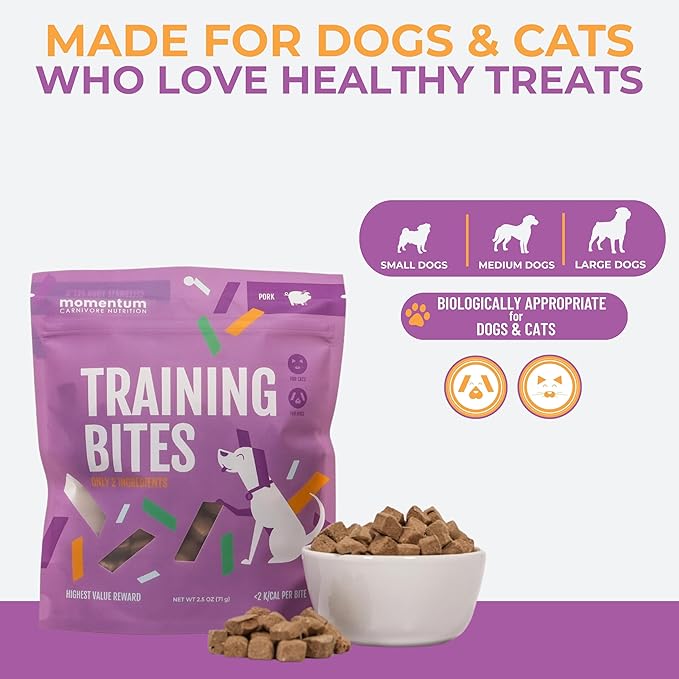 Momentum Carnivore Nutrition Freeze-Dried Pork Training Bites – Two Ingredients-Pork Kidney and Heart, Grain-Free, All-Natural Dog Treats –Made in USA – Perfect for Training & Rewards- 2.5 oz Bag