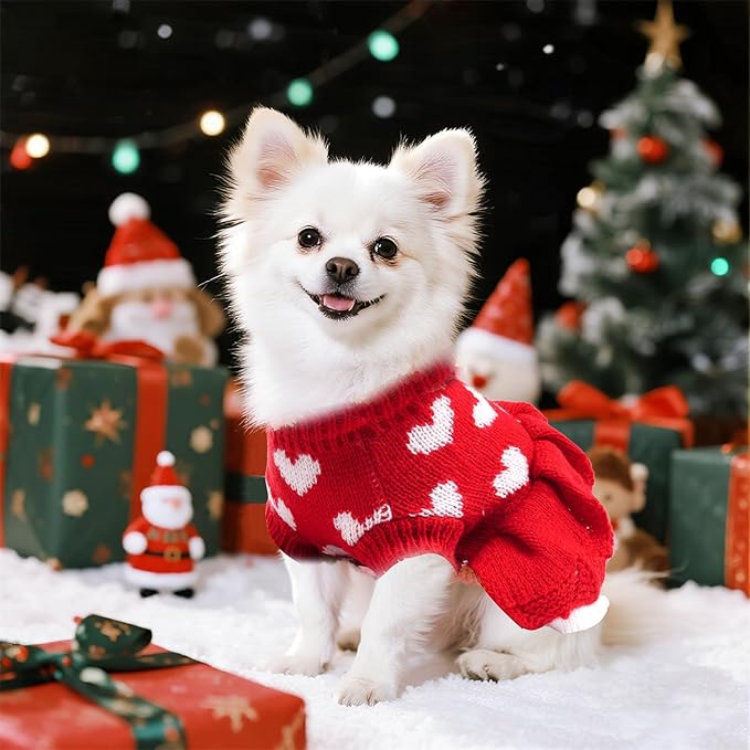 Dog Sweaters Heart Knitted Sweaters Dress Winter Coat Puppy Warm Holiday Clothes for Medium Dogs Cats Christmas New Year Valentine's Day （Medium, Red）