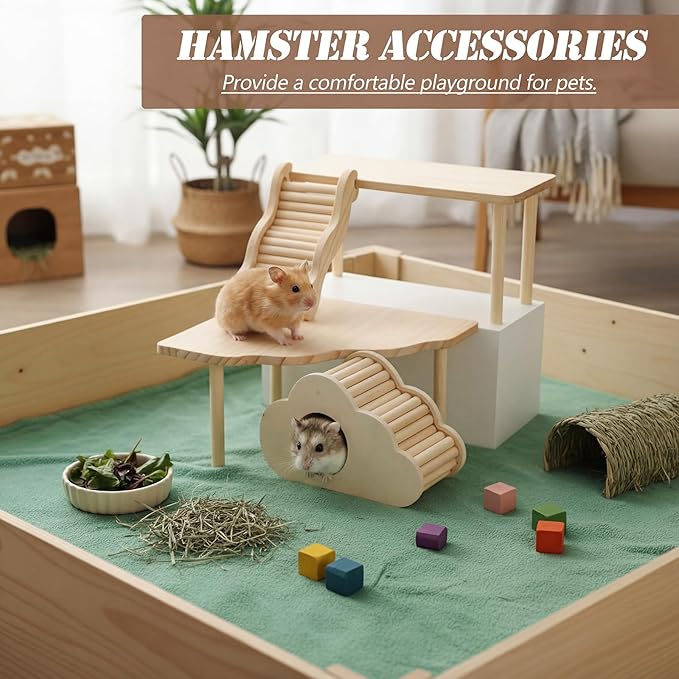 BreezeHug 4 Pcs Hamster Platform Hideout Wooden Tunnel Ladder Playhouse Hamster Game Climbing Toy with Platform Cage Accessories for Small Pets Dwarf Syrian Mice Degus Gerbils Squirrel(Cloud)