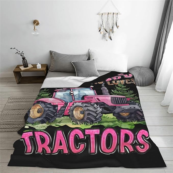 Just A Girl Who Love Tractors Blanket Pink Tractor Decor Throw Blanket Gifts for Girls Boys Super Warm Soft Plush Fleece Flannel Blanket Winter Couch Bedding Blanket for Adults Kids Women Men 80"X60"