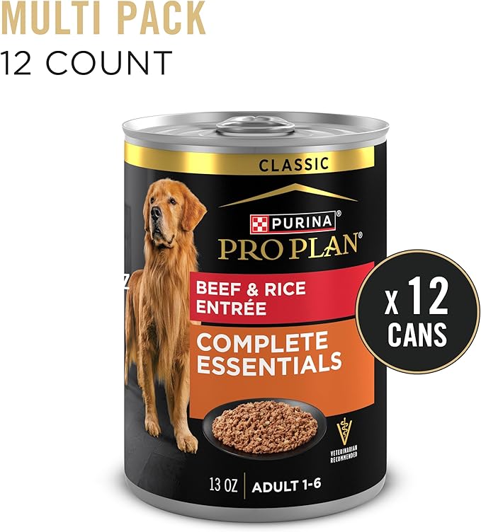 Purina Pro Plan Complete Essentials Classic Pate Dog Food, Beef and Rice Entrée - (Pack of 12) 13 oz. Cans