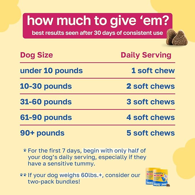Happy Paws Hip and Joint Supplement for Dogs, Glucosamine Chondroitin for Dogs of All Breeds, Joint Support Soft Chews with Hyaluronic Acid & Turmeric, Vegan Bacon Flavor, Non GMO, 100 Soft Chews