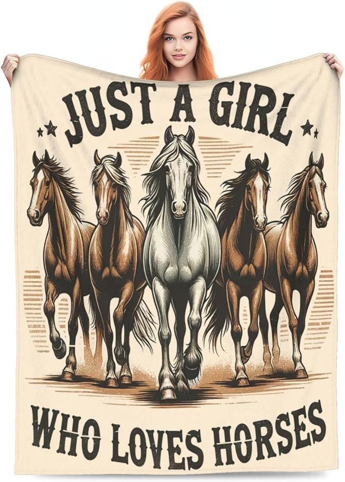 SweetFox Just A Girl Who Loves Horses Blanket, Horse Decor Throw Blanket Gifts for Girls Boys Lovers Super Warm Soft Plush Fleece Flannel Winter Bedding Blankets for Kids Adults Men Women 50"X40"
