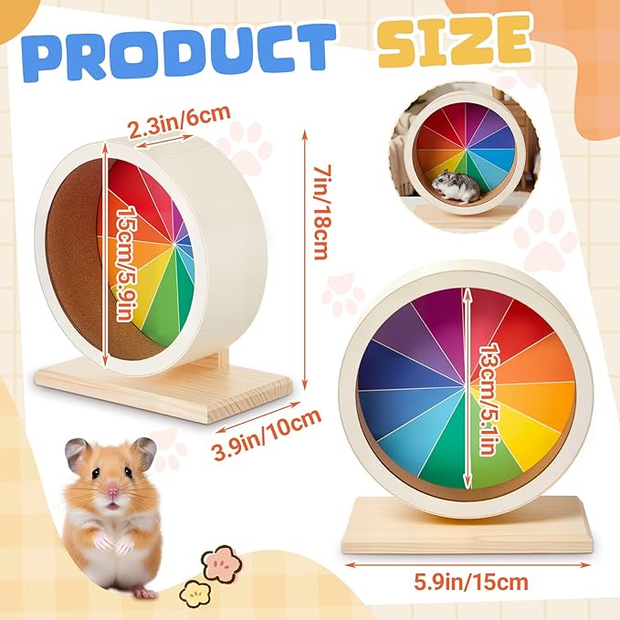 Geelin 7 Inch Hamster Wooden Silent Wheel, Rainbow Printed Small Animal Exercise Wheel, Quiet Spinner Hamster Running Wheels Prevent Depression Toys for Hamsters, Gerbils, Mice and Other Small Pets