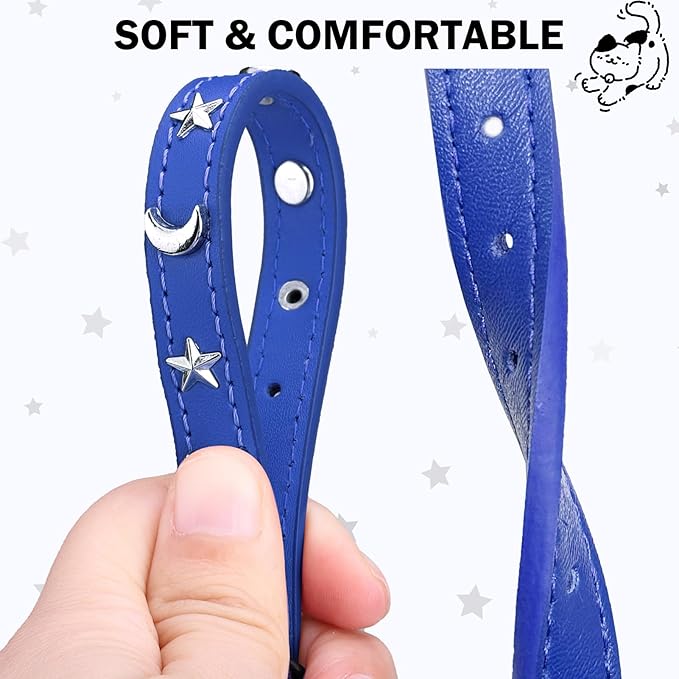 Leather Cat Collars for Boy Girl Cats with Bell and Safety Elastic Belt, Personalized Star and Moon Stud Adjustable Safe Buckle Collar for Kitty Small Big Cats Size 8-12 Inch, Blue