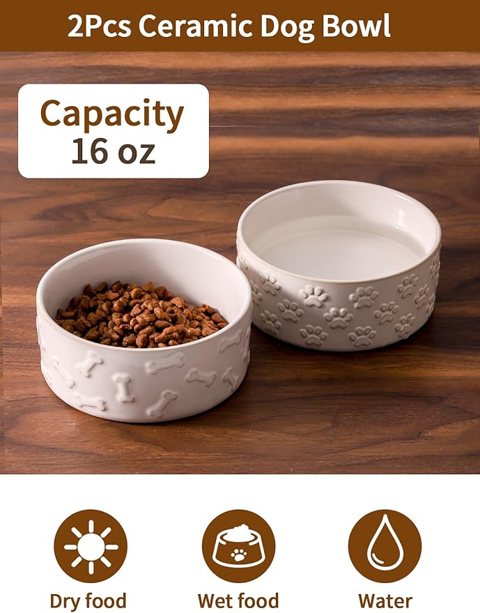UBEE Ceramic Dog Bowl Set of 2, 5.1 inch Dog Food Bowl Dish, Pet Food Water Dish Feeding for Small Dogs and Large Cat, Bone + Paw Pattern, 5.1 in-Small, White