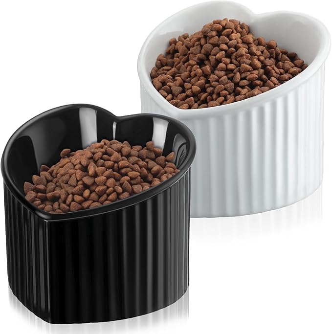 Mumufy 2 Pcs Ceramic Elevated Cat Bowls Tilted Elevated Raised Pet Bowls Anti Vomit Cat Dish for Indoor Stress Free Water Dish Feeder for Puppies, Heart Shaped(Pearly White, Black)