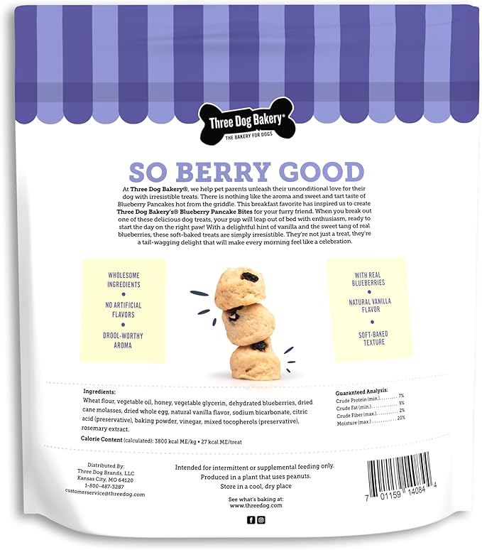 Three Dog Bakery Blueberry Pancake Bites,Treats with Real Blueberries & Vanilla,Mess-Free Snacks & Training Cookies for Dogs-& Puppies,Human-Inspired,(Pack of 2)