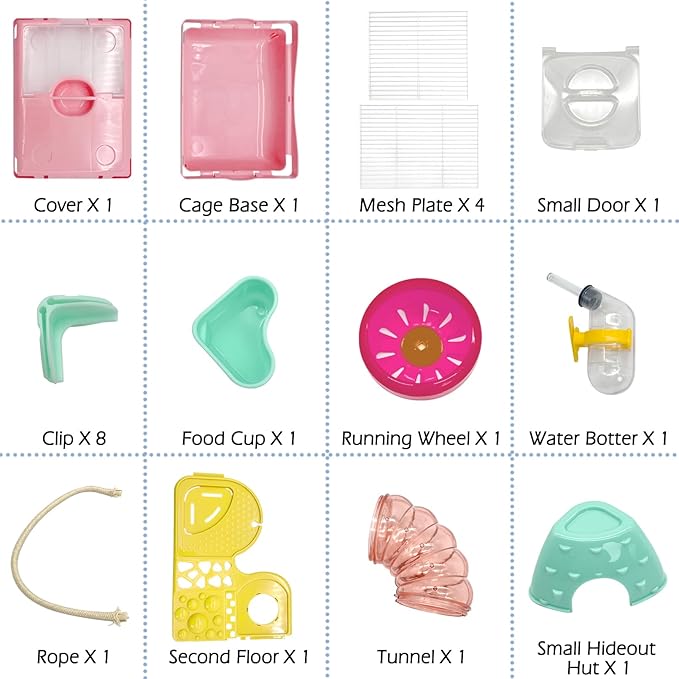 Hamiledyi Portable Hamster Cage 2 Layers Dwarf Hamster Habitat Small Animal Travel Cage with Exercise Wheel Hamster Enclosure Mouse Cage for Hamsters Mice Gerbils or Other Tiny Pets