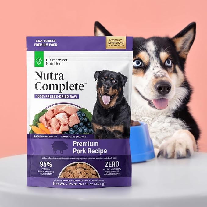 ULTIMATE PET NUTRITION Nutra Complete, 100% Freeze Dried Veterinarian Formulated Raw Dog Food with Antioxidants Prebiotics and Amino Acids, (1 Pound (Pack of 4), Pork)