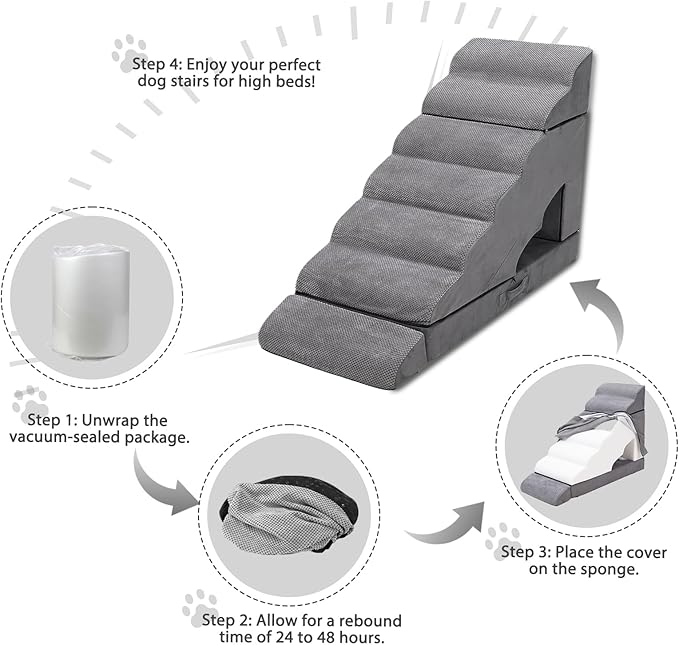 7-Step Dog Stairs for High Beds 30-36 inches, Dog Steps for High Bed Couch, Tall pet Stairs for high beds for Small, Older Pets, Non-Slip Balanced Pet Ramp Indoor, Grey