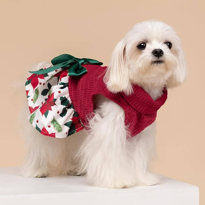 Fitwarm Christmas Poinsettia Flower Dog Turtleneck Dress, Holiday Clothes for Small Dogs Girl, Pet Festive Outfit, Red, White, X-Small