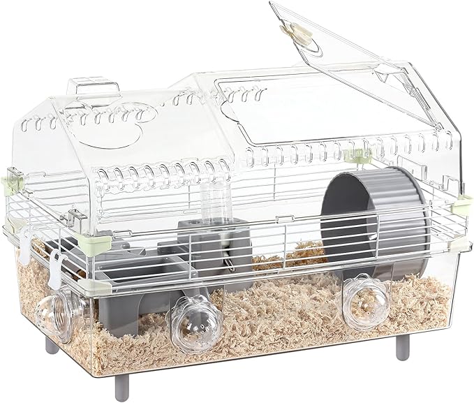 Hamster Cage Starter Kit 22″Lx12″Wx15″H with Combination of Bathtub & Food Bowl & Steps, φ6″ Exercise Wheel, Water Bottle, Sunroof, Lockable Door, Transparent/Gray