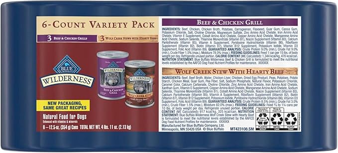 Blue Buffalo Wilderness Beef and Chicken Grill and Wolf Creek Stew Hearty Beef in Gravy Adult Dog Wet Food, 12.5 oz. Cans, 6 Count Variety Pack