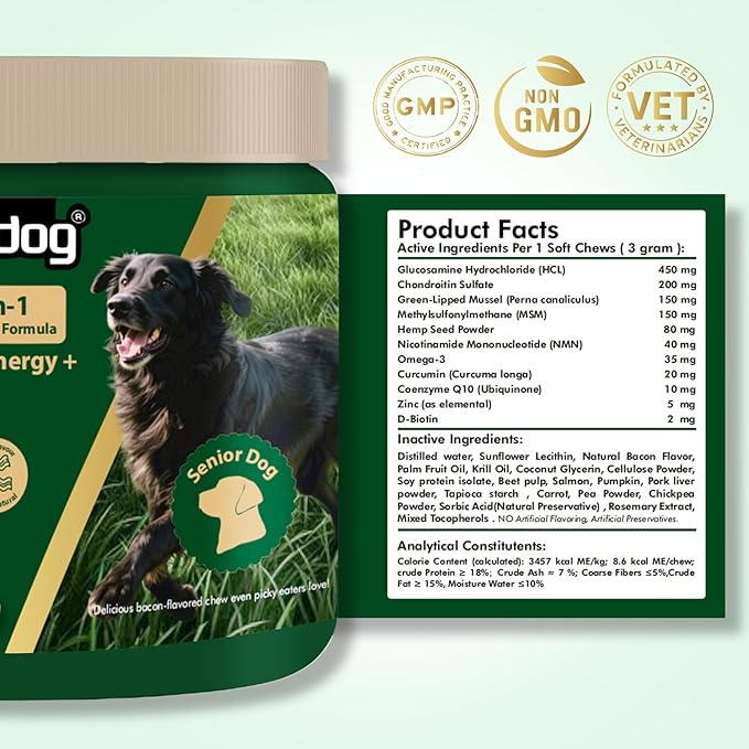 NMN Supplement for Dogs NAD+ Booster - Anti-Aging & Longevity Soft Chews for Senior Dogs with Resveratrol, CoQ10, Glucosamine & Omega-3-3-in-1 Cellular Energy, Joint & Skin Support