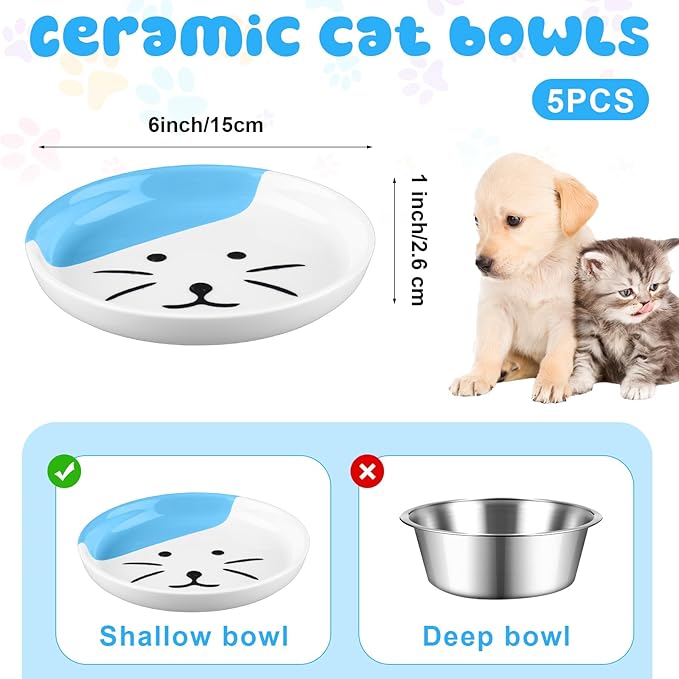 Hillban 5 Pcs Ceramic Cat Food Plate Set, 6'' Shallow Cat Food Dish Cute Nonslip Flat Wide Bowl Colorful Small Feeding Bowls for Indoor Puppy, Dishwasher Safe