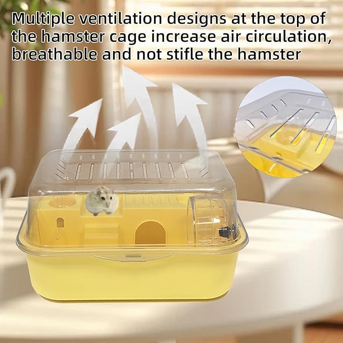 Hamiledyi Dwarf Hamster Cage Clear Plastic Small Hamster Cage Portable Carrier with Water Bottle Exercise Wheel Bathtub Box Set Toy for Dwarf Baby Hamster (Yellow)