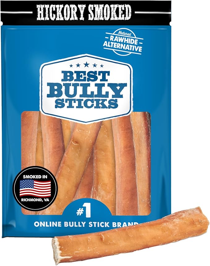 Best Bully Sticks Hickory Smoked Jumbo 6 Inch Bully Sticks - 12 Count (Pack of 1) - Natural, Grain and Odor-Free, Smoky Aroma, No Additives, Grass-Fed