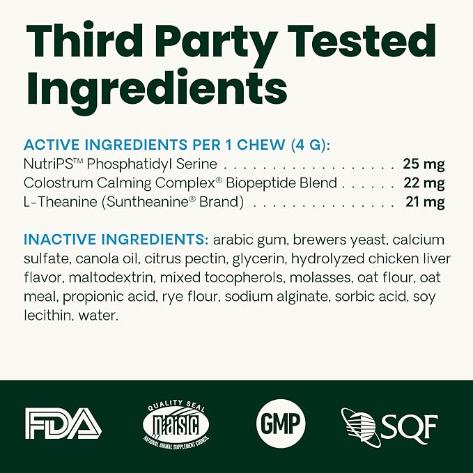 VetriScience Senior Calm & Confident Soft Chews with Colostrum and L-Theanine, Golden Years Calming, Cognition and Brain Health, Sundowners Supplement for Senior Dogs, Chicken, 60 Count