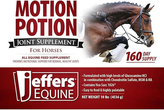 Jeffers Motion Potion Horse Joint Supplement Pellets – Glucosamine HCL, MSM, Chondroitin, Hyaluronic Acid, Vitamin C & E, Daily Equine Support for Senior & Active Horses – 10 lbs, 160 Day Supply