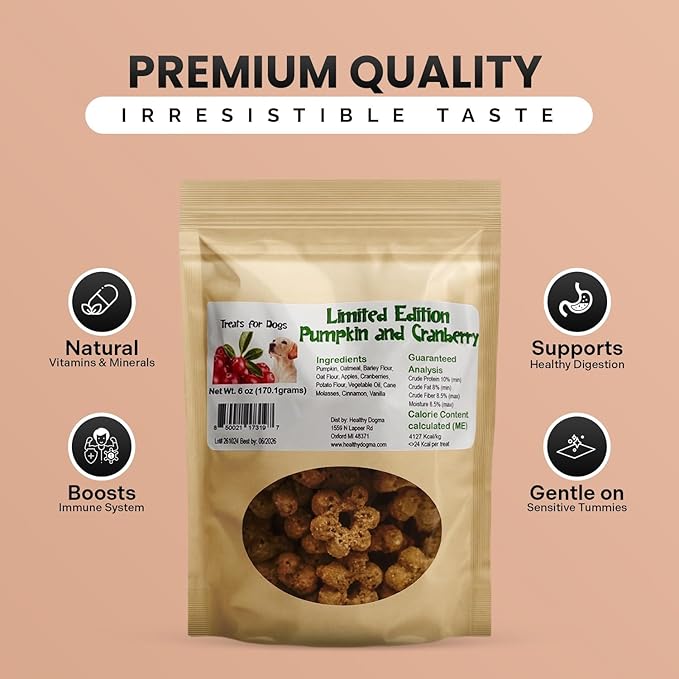 Healthy Dogma Pumpkin, Cranberry & Apple Dog Treats | Warm Fall-Inspired Flavors | All-Natural, Wholesome Ingredients | No Fillers or Preservatives | Tasty & Nutritious Dog Snacks (24 oz (1 lb 8 oz))