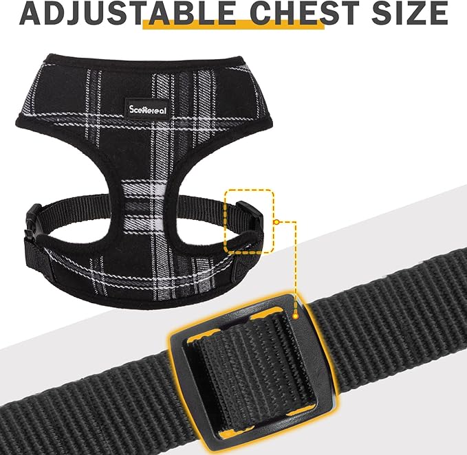 SCENEREAL No Pull Dog Harness Collar and Leash Set Small Medium Sized Dog, Soft Mesh Puppy Harnesses, No Chock Plaid Adjustable Pet Vest for Outdoor Walking Training and Running, Black XS