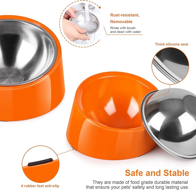 Tilted Dog Bowl Non-Slip & Non-Spill Pet Feeder with Elevated Detachable Melamine Stand, Easy to Get Food Dog Dish, S/100ml Orange