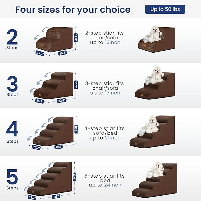 GoGoBunny Ramp Dog Stairs for Couch Sofa and Chair 11.8" H, 2-Step Pet Steps for Small Dogs and Cats, Non-Slip Waterproof Fabric Cover, Stable and Balanced Indoor Step, Pets Friendly, Brown